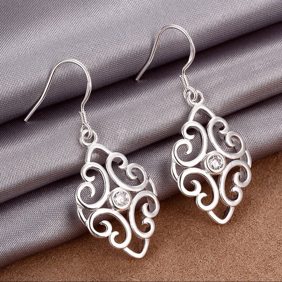 925 Silver Plated CZ Scroll Earrings - Picture 2 of 7